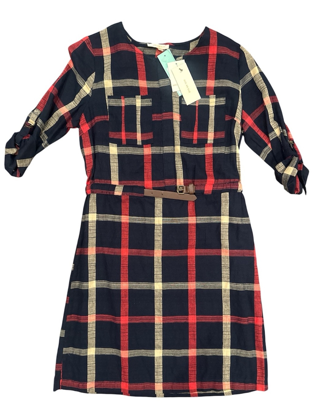 Skies Are Blue Treasa Dress—  Navy, Red & Cream Plaid Belted Women’s Dress NWT!!